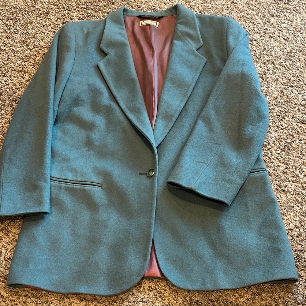 Women's Vintage Wool and Cashmere LL Bean Teal Blazer with Mauve lining